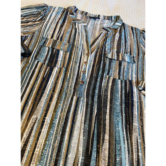 Ava & Grace Boho Retro Brown & Blue Striped Roll Tab Sleeve Half Button Top 1X - Picture 6 of 11